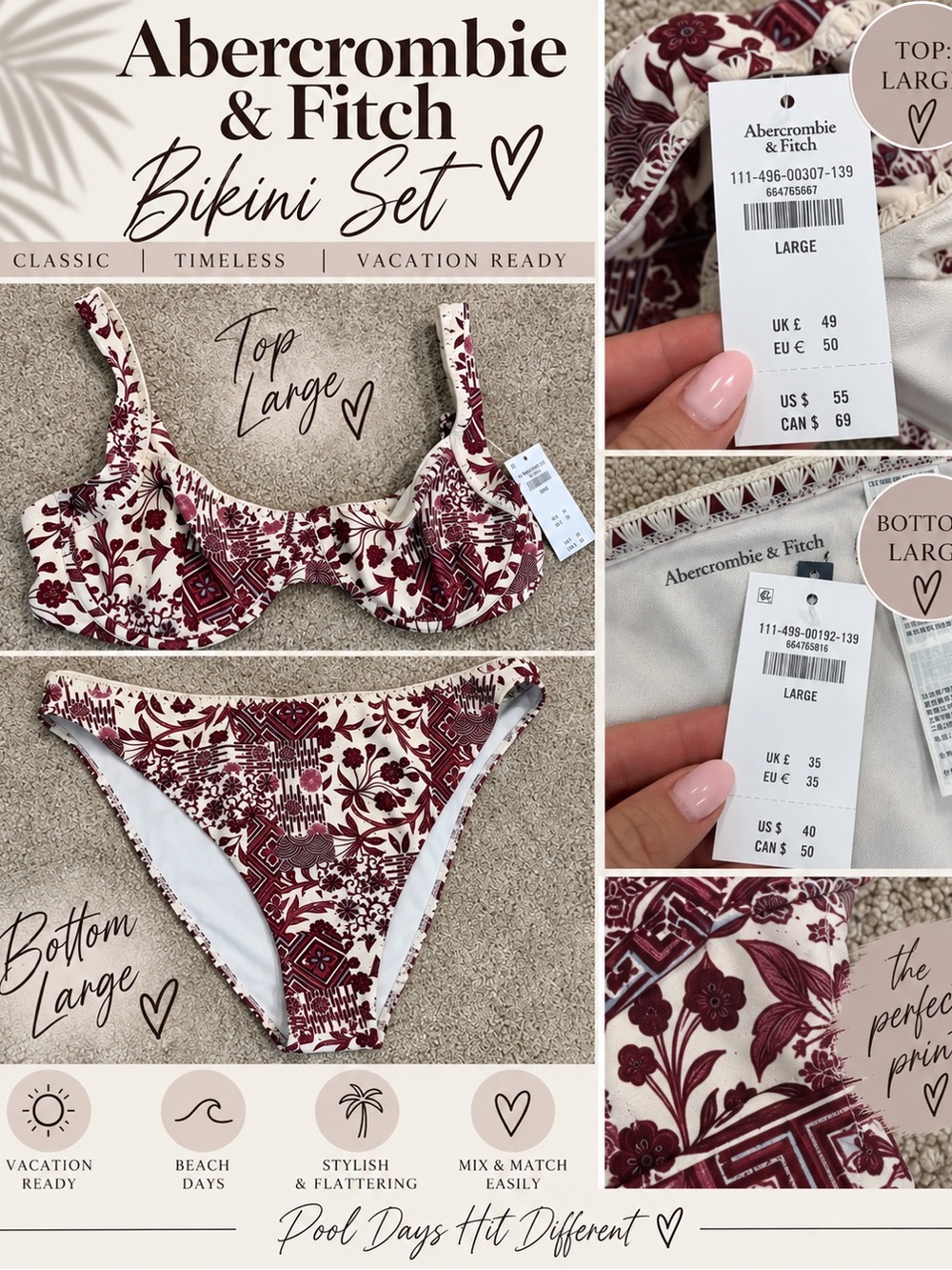 Abercrombie & Fitch Maroon and Cream Floral Bikini Set - Large